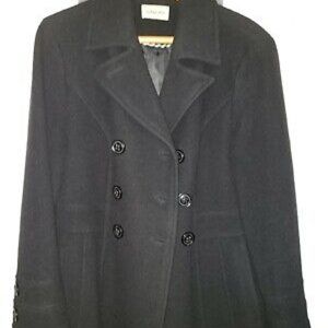 St Johns Bay Sz 12 Black Peacoat Style Wool Nylon Cashmere Double Breasted